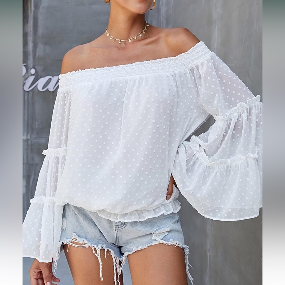 COPY - Off The Shoulder Dot 3/4 Bell Sleeves Casual Chiffon Blouse Ruffle Tunic…